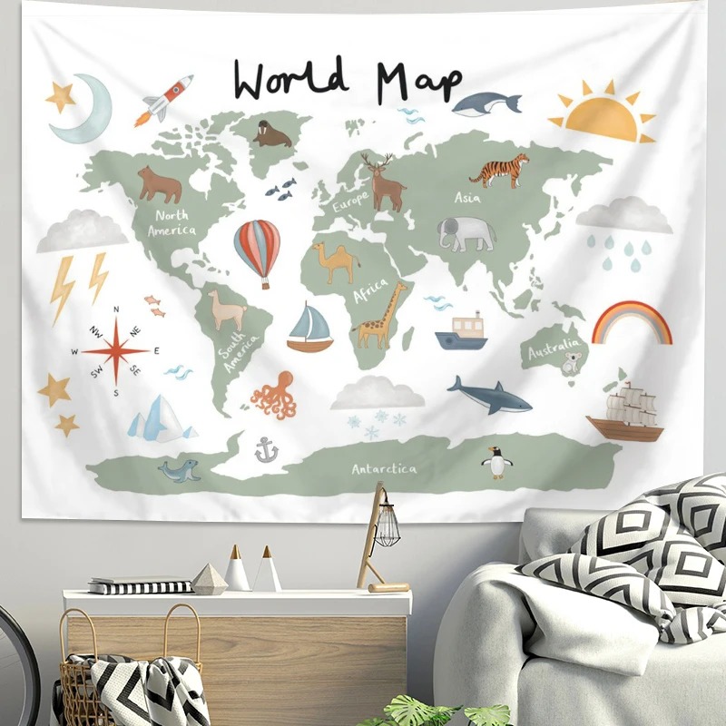 Background For Kids Education - Cartoon-Weltkarte Tier-Wandteppich aus Polyester, Lehrreiche Wanddekoration