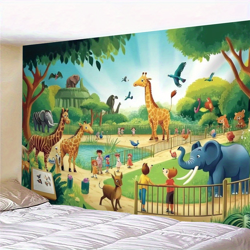 Background For Kids Education - 1 Stück Cartoon-Zoo-Tiere Giraffe Elefant Kinderzimmer-Wandteppich