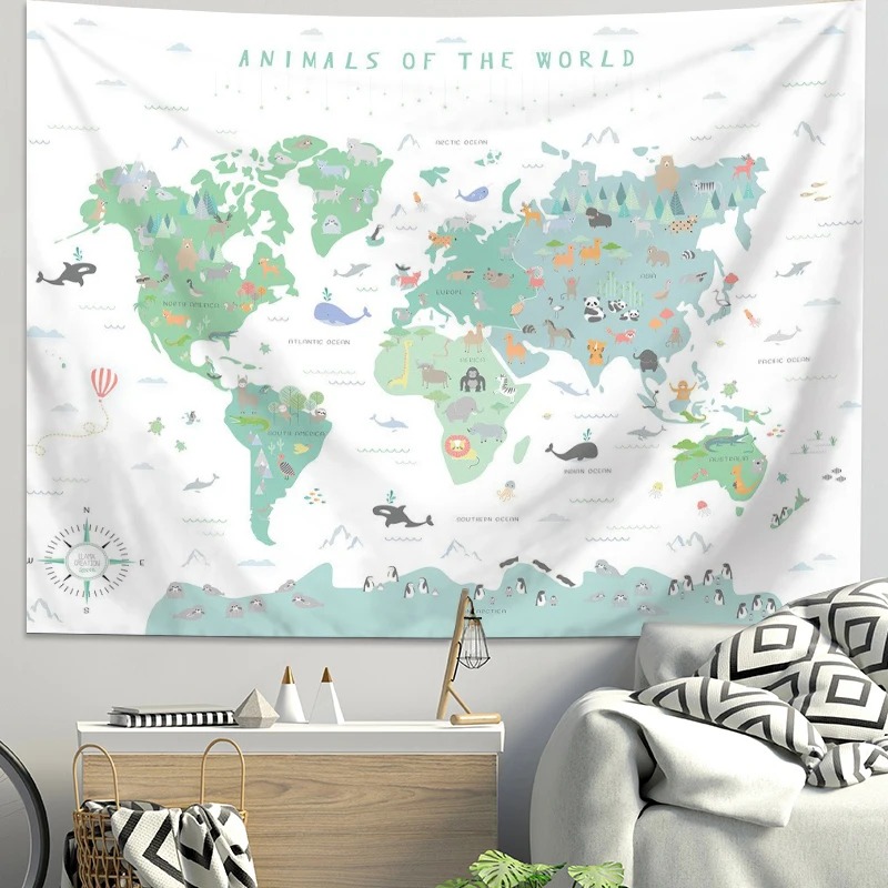Cartoon-Weltkarte Tier-Wandtep – Background For Kids Education Bewertung und Preis