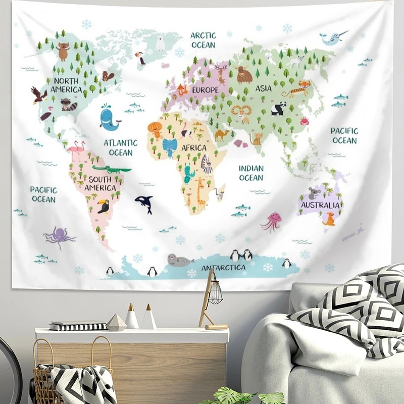 Cartoon-Weltkarte Tier-Wandtep – Background For Kids Education Bewertung und Preis
