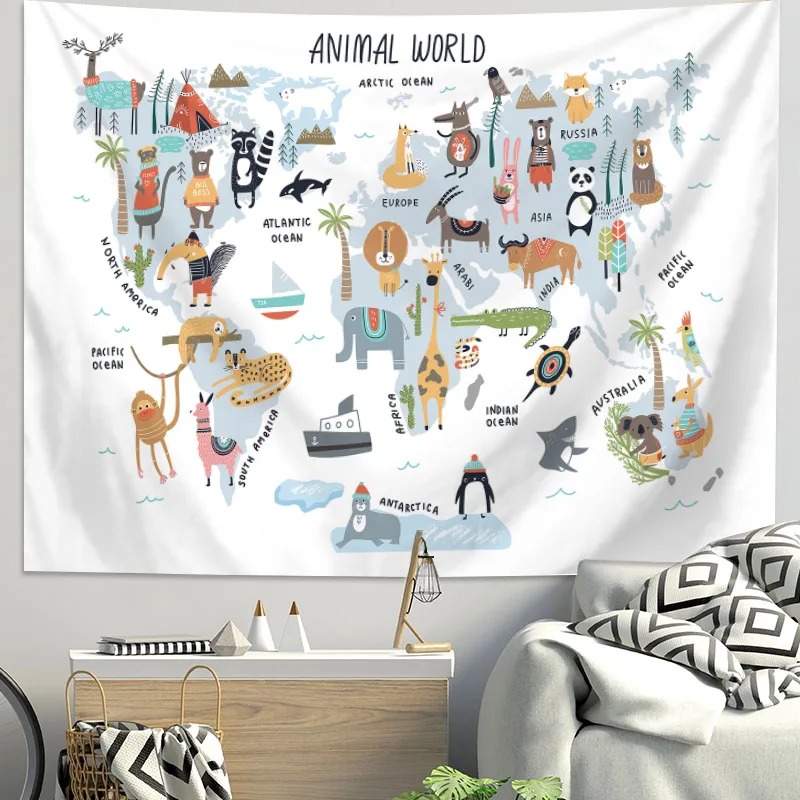 Cartoon-Weltkarte Tier-Wandtep – Background For Kids Education Bewertung und Preis